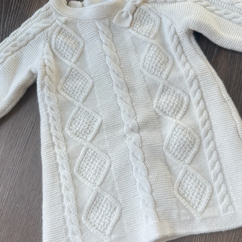Jacadi cream cable knit bow embellished baby girl cotton wool blend dress 6m